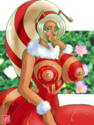 Rule 34 | 1girl, antennae, arthropod girl, artist request, bee antenna, bee costume, bee girl, blush, bodypaint, breasts, cowboy shot, dark skin, flower, foxy (kof), high ponytail, honey, insect girl, large breasts, long hair, monster girl, multicolored hair, narrow waist, navel, nipples, open mouth, photo background, sidelocks, snk, solo, tagme, the king of fighters, thick thighs, thighs, two-tone hair, wet, white hair, wrist cuffs, yellow eyes