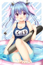 Rule 34 | 10s, 1girl, barefoot, blue background, blue hair, breasts, cleavage, fang, gradient hair, highres, holding, i-19 (kancolle), in water, kantai collection, large breasts, looking at viewer, multicolored hair, name tag, one-piece swimsuit, open mouth, partially submerged, purple hair, red eyes, school swimsuit, sitting, solo, star-shaped pupils, star (symbol), swimsuit, symbol-shaped pupils, toes, tomoo (tomo), torpedo, twintails, water