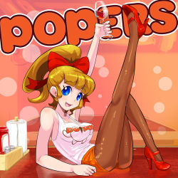 Rule 34 | 1girl, alcohol, arm support, black pantyhose, blush, bow, brand name imitation, breasts, brown pantyhose, clothes writing, cup, drinking glass, employee uniform, hair bow, highres, hooters, jennifer (pop&#039;n music), large breasts, leg up, long hair, looking at viewer, osamu yagi, pantyhose, ponytail, pop&#039;n music, short shorts, shorts, sitting, smile, solo, tank top, uniform, waitress, wine, wine glass