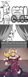 Rule 34 | 3koma, absurdres, blonde hair, blue eyes, bowsette, breasts, cleavage, comic, english text, highres, mario (series), new super mario bros. u deluxe, nintendo, speech bubble, super mario bros. 1, text focus