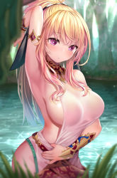 Rule 34 | 1girl, armlet, armpits, bare hips, blonde hair, blush, bracer, breasts, bright pupils, closed mouth, cowboy shot, day, dress, elf, gradient hair, large breasts, long hair, looking away, looking down, mizuya nao, multicolored hair, original, outdoors, pink hair, pointy ears, pond, ponytail, purple eyes, sideboob, sidelocks, sleeveless, sleeveless dress, solo, sparkle, tree, water, white dress