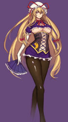 Rule 34 | 1girl, adapted costume, alternate costume, black pantyhose, blonde hair, breasts, corset, crossed legs, elbow gloves, evan yang, folding fan, gloves, hand fan, hat, highres, large breasts, legs, looking at viewer, pantyhose, purple background, purple eyes, shiny clothes, shiny skin, sketch, smile, solo, touhou, underboob, white gloves, yakumo yukari