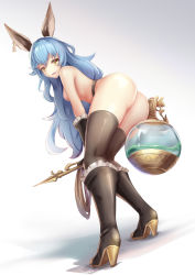 Rule 34 | 1girl, :d, animal ears, ass, bell (angelicalary), bent over, black gloves, black thighhighs, blue hair, boots, breasts, commentary request, curly hair, earrings, elbow gloves, erune, ferry (granblue fantasy), from behind, full body, gloves, granblue fantasy, hair between eyes, high heel boots, high heels, highres, holding, holding whip, jewelry, knee boots, long hair, looking at viewer, looking back, medium breasts, nude, open mouth, simple background, single earring, smile, solo, standing, thighhighs, thighs, very long hair, yellow eyes