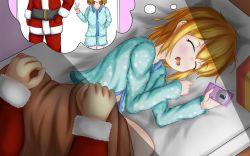 Rule 34 | 1girl, bed, blonde hair, blue shirt, blue shorts, camera, christmas, dreaming, drooling, closed eyes, fullbokko heroes, gift, highres, lying, mikosi, on side, open mouth, original, pajamas, santa claus, santa claus (fullbokko heroes), shirt, shorts, sleeping, covering with blanket