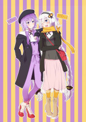 Rule 34 | 2girls, ;d, adapted costume, ahoge, ankle boots, arm rest, bag, beret, black coat, black hat, black shirt, blue eyes, blush, bolo tie, boots, bracelet, braid, brown footwear, casual, character name, closed mouth, coat, colored stripes, commentary request, criss-cross halter, earmuffs, eye contact, full body, gloves, hair ornament, halterneck, hand in pocket, hand up, handbag, hat, high-waist pants, high heels, highres, jewelry, kizuna akari, long hair, long sleeves, looking at another, minazuki no hanayome, multiple girls, no legwear, off shoulder, one eye closed, open clothes, open coat, open mouth, orange gloves, pants, pigeon-toed, pink skirt, purple eyes, purple hair, purple pants, red footwear, round teeth, scarf, see-through, shirt, short hair with long locks, shoulder bag, sidelocks, skirt, sleeves past wrists, smile, standing, star (symbol), striped, striped background, teeth, translation request, twin braids, two-tone background, upper teeth only, vertical stripes, very long hair, vocaloid, voiceroid, white hair, white shirt, yellow scarf, yuzuki yukari