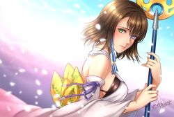 Rule 34 | 1girl, bad id, bad pixiv id, black bra, blue eyes, bra, breasts, brown hair, closed mouth, detached sleeves, final fantasy, final fantasy x, green eyes, hair ornament, heterochromia, holding, japanese clothes, jewelry, looking at viewer, pirapom, short hair, sideboob, solo, staff, underwear, yuna