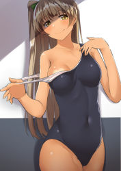 Rule 34 | 1girl, black background, blue one-piece swimsuit, blush, breasts, breasts apart, brown eyes, brown hair, cleavage, clothes pull, commentary request, covered navel, cowboy shot, hair rings, heart tan, legs together, long hair, looking at viewer, love live!, love live! school idol project, medium breasts, minami kotori, nanasumi (pantie party project), off shoulder, one-piece swimsuit, one-piece swimsuit pull, one side up, pulling own clothes, school swimsuit, smile, solo, standing, strap pull, swimsuit, tan, very long hair, white background