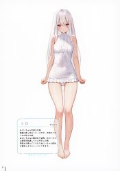 Rule 34 | 1girl, absurdres, bare arms, bare shoulders, barefoot, blush, covered navel, highres, long hair, looking at viewer, mignon, one-piece swimsuit, original, page number, purple hair, scan, shiny skin, shiro-chan (mignon), simple background, sleeveless, solo, standing, swimsuit, thighs, toes, white background, white hair, white one-piece swimsuit