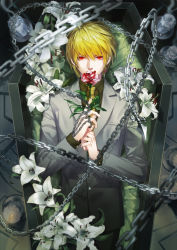 Rule 34 | 1boy, absurdres, blonde hair, blood, blurry, candle, candlelight, candlestand, catree, chain, closed mouth, coffin, collared shirt, cowboy shot, depth of field, earrings, flower, flower to mouth, formal, highres, holding, holding flower, hunter x hunter, in container, jewelry, kurapika, lily (flower), long sleeves, looking at viewer, lying, male focus, necktie, on back, pants, red eyes, red flower, red rose, ring, rose, shirt, single earring, smoke, solo, suit, thorns, weapon, white flower, white rose, yellow necktie, yellow shirt