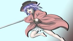 Rule 34 | 1girl, barefoot, blue background, blue hair, bowl, bowl hat, clenched hand, commentary request, drop shadow, furrowed brow, gradient background, hat, highres, holding, holding needle, japanese clothes, kimono, looking away, looking to the side, needle, obi, open mouth, outstretched arm, outstretched leg, petticoat, red kimono, sash, short hair, simple background, solo, sukuna shinmyoumaru, tatsu toyoyo, teeth, touhou, upper teeth only