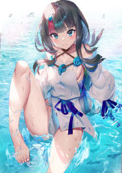 Rule 34 | 1girl, bare shoulders, barefoot, black hair, blue eyes, blue ribbon, blush, breasts, closed mouth, collarbone, dress, fate/grand order, fate/requiem, fate (series), feet, fundoshi, japanese clothes, jewelry, knee up, large breasts, leaning back, legs, long sleeves, looking at viewer, magatama, magatama hair ornament, medium hair, multicolored hair, necklace, pelvic curtain, pink hair, puffy long sleeves, puffy sleeves, ribbon, seigaiha, short dress, sideboob, sideless outfit, sitting, smile, streaked hair, thighs, utsumi erice, water, wet, white dress, yoshimoto (dear life)