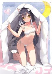 Rule 34 | 1girl, animal ear fluff, animal ears, bandeau, bare arms, bare legs, bare shoulders, barefoot, bikini, black hair, blanket, blue background, blush, breasts, cleavage, closed mouth, commentary request, crescent, crescent moon, frilled pillow, frills, full body, hair between eyes, heart, highres, kneeling, kutata, long hair, looking at viewer, moon, multicolored hair, navel, pillow, princess connect!, ribbon, shiori (princess connect!), side-tie bikini bottom, silver hair, small breasts, smile, solo, split mouth, star (symbol), stomach, strapless, strapless bikini, streaked hair, swimsuit, tail, tiger ears, tiger girl, tiger tail, two-tone hair, under covers, very long hair, white bikini, white ribbon, yellow eyes, yes, yes-no pillow
