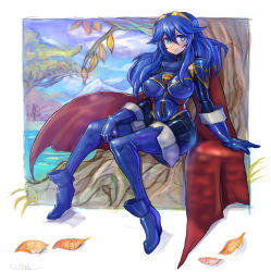 Rule 34 | 1girl, alternate breast size, blue eyes, blue hair, bodysuit, breasts, cape, fire emblem, fire emblem awakening, gloves, highres, large breasts, looking to the side, lucina (fire emblem), nintendo, oomasa teikoku, sitting, skin tight, smile, solo