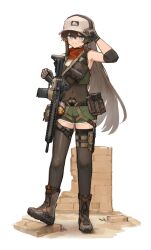 Rule 34 | 1girl, ammunition pouch, armpits, assault rifle, battle rifle, black thighhighs, blue eyes, blush, breasts, brown footwear, brown hair, carbine, cm901 (girls&#039; frontline), colt cm901, covered navel, ear protection, elbow sleeve, girls&#039; frontline, gloves, green shorts, gun, gun sling, hair between eyes, hand on headwear, hand on weapon, hand up, hat, highres, long hair, looking at viewer, magazine (weapon), microphone, modular weapon system, neck warmer, optical sight, pouch, rifle, shorts, small breasts, solo, thighhighs, weapon, xerbatt
