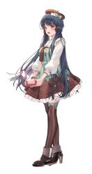 Rule 34 | 1girl, beret, blue hair, blush, boots, bow, bracelet, breasts, brown necktie, candy, chocolate, chocolate heart, commentary request, crossed legs, dress, food, food-themed clothes, frilled dress, frills, green bow, hair bow, hat, heart, high heel boots, high heels, highres, idolmaster, idolmaster million live!, idolmaster million live! theater days, jewelry, kitakami reika, long hair, long sleeves, looking at viewer, necktie, nys, official alternate costume, open mouth, orange eyes, puffy long sleeves, puffy sleeves, see-through, see-through legwear, sidelocks, simple background, skindentation, smile, solo, standing, striped clothes, striped thighhighs, thighhighs, vertical-striped clothes, vertical-striped thighhighs, white background, white bow