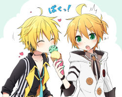 Rule 34 | ^^^, aqua necktie, black shirt, blonde hair, blush, closed eyes, collarbone, commentary, dual persona, eating, food, food theft, green eyes, headphones, headset, heart, highres, holding, holding food, holding ice cream, holy lancer (module), hood, hoodie, ice cream, kagamine len, looking at another, mint chocolate, necktie, open mouth, project diva (series), selfcest, shirt, short ponytail, sound effects, spiked hair, striped clothes, striped shirt, sudachi (calendar), surprised, sweat, v-shaped eyebrows, vertical-striped clothes, vertical-striped shirt, vocaloid, white edge (module), white hoodie, white shirt