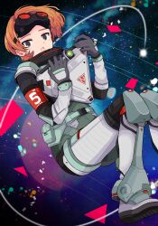 Rule 34 | 1girl, :o, absurdres, animification, apex legends, black gloves, blue eyes, boots, floating, gloves, goggles, goggles on head, highres, holding, horizon (apex legends), kansaibito, looking at viewer, open mouth, orange hair, planet, short hair, solo, space, spacesuit, star (sky)