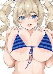 Rule 34 | 1girl, alternate breast size, areola slip, barbara (genshin impact), bikini, bikini top only, blonde hair, blue bikini, blue eyes, blush, breasts, breasts squeezed together, drill hair, genshin impact, hand on own chest, highres, huge breasts, kntrs (knyrs), large areolae, midriff, open mouth, ribbon, simple background, smile, solo, swimsuit, teeth, tongue, twin drills, twintails, white background, white ribbon