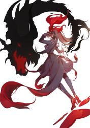 Rule 34 | 1girl, arm up, black hair, bleeding, blood, dragon, fingernails, frills, hand on own face, heart, high heels, highres, injury, living hair, long hair, open mouth, original, parted lips, red eyes, red footwear, red heels, rwael, simple background, smile, solo, spikes, torn clothes, twintails, white background