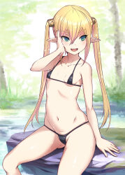 Rule 34 | 1girl, :d, arm up, bikini, black bikini, blonde hair, blush, bosshi, breasts, collarbone, copyright request, day, elf, feet out of frame, gluteal fold, green eyes, hand on own cheek, hand on own face, highres, long hair, looking to the side, micro bikini, navel, open mouth, outdoors, pointy ears, pond, rock, sitting, small breasts, smile, solo, stomach, swimsuit, twintails, v-shaped eyebrows, very long hair, water
