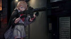 Rule 34 | 1girl, acr (girls&#039; frontline), adaptive combat rifle, ahoge, ai-assisted, assault rifle, black jacket, blue eyes, brown hair, building, closed mouth, collared shirt, commentary, english commentary, girls&#039; frontline, grey skirt, gun, hair between eyes, hair ornament, hairclip, highres, holding, holding gun, holding weapon, jacket, looking at viewer, name connection, object namesake, outdoors, pleated skirt, rifle, shirt, short sleeves, skirt, solo, sunset, suppressor, takemori kohoto, weapon, white shirt
