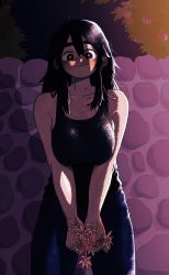 Rule 34 | 1girl, absurdres, black eyes, black hair, blush, breasts, closed mouth, collarbone, eyebrows, flower, highres, holding, holding flower, kms2605, large breasts, long hair, looking at viewer, night, original, outdoors, smile, solo, tank top, thick eyebrows, v arms