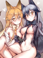 Rule 34 | 10s, 2girls, animal ears, arm support, bandaid, between breasts, black gloves, blush, bottomless, breasts, brown eyes, ezo red fox (kemono friends), fox ears, fox tail, gloves, gradient background, gradient hair, hair between eyes, heart, highres, kemono friends, large breasts, light brown hair, looking at viewer, multicolored hair, multiple girls, navel, necktie, necktie between breasts, off shoulder, open clothes, open shirt, shirt, silver fox (kemono friends), silver hair, simple background, sitting, sunege (hp0715), sweat, tail, yuri