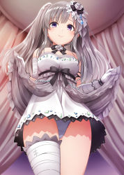 Rule 34 | 1girl, bandages, bandaid, blush, breasts, clothes lift, collarbone, commentary request, cowboy shot, dress, dress lift, gloves, grey dress, grey gloves, grey hair, grey panties, hair ornament, highres, idolmaster, idolmaster shiny colors, kamelie, long hair, looking at viewer, medium breasts, panties, purple eyes, sidelocks, smile, solo, strapless, strapless dress, thighs, twintails, underwear, yukoku kiriko