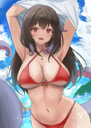 Rule 34 | 1girl, absurdres, armpits, arms up, azur lane, bikini, black hair, blue sky, blush, breasts, cloud, fang, highres, large breasts, long hair, looking at viewer, navel, official alternate costume, open mouth, red bikini, red eyes, royal fortune (azur lane), royal fortune (eyes on the prize) (azur lane), skin fang, sky, solo, soul (dp11), sparkle, stomach, suction cups, swimsuit, tentacle hair, tentacles, water, wet