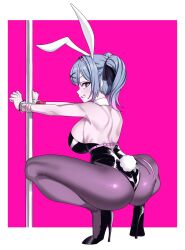 Rule 34 | 1girl, absurdres, animal ears, ass, back, blue eyes, blue hair, breasts, card, cuffs, detached collar, earclip, fake animal ears, fake tail, from behind, full body, grin, hair ornament, handcuffs, hatsune miku, high heels, highres, huge ass, leotard, light blue hair, light blush, looking at viewer, medium breasts, medium hair, pantyhose, playboy bunny, playing card, pole, rabbit ears, rabbit hole (vocaloid), rabbit tail, short twintails, smile, soles, solo, squatting, tail, tewaki, twintails, vocaloid, white headwear, x hair ornament