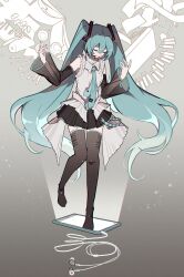 Rule 34 | 1girl, absurdres, black skirt, black sleeves, black thighhighs, blue hair, blue nails, blue necktie, cellphone, closed eyes, closed mouth, collared shirt, detached sleeves, earbuds, earphones, frilled shirt, frills, full body, hair between eyes, hands up, hatsune miku, hatsune miku happy 16th birthday -dear creators-, highres, knees together feet apart, long hair, long sleeves, mikuni144, miniskirt, nail polish, necktie, phone, pleated skirt, see-through, see-through sleeves, shirt, sidelocks, skirt, sleeveless, sleeveless shirt, smartphone, smile, solo, thighhighs, tie clip, twintails, very long hair, vocaloid, white shirt, zettai ryouiki