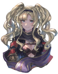 Rule 34 | 1girl, blonde hair, blue eyes, blush, breasts, cleavage, cropped torso, granblue fantasy, highres, long hair, looking at viewer, shimatani azu, sketch, small breasts, smile, solo, two side up, upper body, white background, zeta (granblue fantasy)
