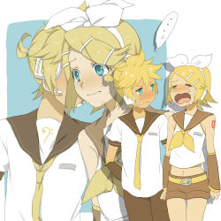 Rule 34 | ..., 1boy, 1girl, bad id, bad pixiv id, blonde hair, blush, brother and sister, crying, crying with eyes open, hair ornament, hair ribbon, hairclip, headphones, headset, hetero, hitsujiya, hitujiya, kagamine len, kagamine rin, kiss, lowres, microphone, necktie, open mouth, ribbon, short hair, shorts, siblings, speech bubble, spoken ellipsis, surprised, sweat, tears, twins, vocaloid, wavy mouth, yellow necktie