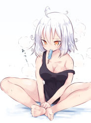 Rule 34 | 1girl, bare arms, bare legs, bare shoulders, barefoot, beni shake, between legs, black tank top, breasts, cleavage, closed mouth, collarbone, commentary request, fate/apocrypha, fate/grand order, fate (series), food, food in mouth, hair between eyes, hand between legs, jeanne d&#039;arc (fate), jeanne d&#039;arc alter (avenger) (fate), jeanne d&#039;arc alter (fate), looking away, looking down, medium breasts, mouth hold, orange eyes, popsicle, short hair, silver hair, sitting, solo, steam, strap slip, sweat, tank top, white background
