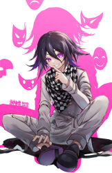 Rule 34 | 1boy, 2023, black footwear, black hair, buttons, checkered clothes, checkered scarf, danganronpa (series), danganronpa v3: killing harmony, dated, double-breasted, flipped hair, grey jacket, grey pants, grin, hair between eyes, highres, jacket, legs apart, long sleeves, oma kokichi, pants, pink background, pink eyes, purple footwear, purple hair, scarf, smile, solo, teeth, translation request, white background, willfin