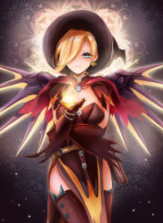 Rule 34 | 1girl, abstract background, backlighting, bangle, belt, blonde hair, blue eyes, book, bracelet, breast hold, breasts, brown background, brown gloves, brown thighhighs, capelet, cleavage, cowboy shot, earrings, elbow gloves, fire, gloves, grey background, hair over one eye, halloween, halloween costume, hat, highres, holding, jack-o&#039;-lantern, jack-o&#039;-lantern earrings, jewelry, large breasts, light particles, light smile, looking at viewer, mechanical wings, mercy (overwatch), miya (zawarudo), official alternate costume, overwatch, overwatch 1, parted lips, pelvic curtain, short sleeves, solo, thighhighs, wings, witch, witch hat, witch mercy