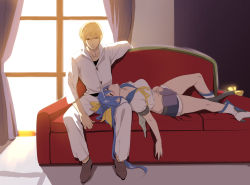 Rule 34 | 1boy, 1girl, bad id, bad pixiv id, blonde hair, blue hair, blue sailor collar, blush, book, couch, couple, curtains, dizzy (guilty gear), closed eyes, guilty gear, guilty gear xx, guilty gear xx accent core, highres, indoors, ky kiske, lap pillow, long hair, lying, midriff, on back, ookami ryousuke, open book, red upholstery, ribbon, sailor collar, school uniform, serafuku, short hair, shorts, sitting, smile, sunlight, tail, tail ornament, tail ribbon, window, yellow eyes