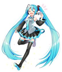 Rule 34 | 1girl, blue hair, blush, boots, closed eyes, collared shirt, detached sleeves, full body, hair ornament, hatsune miku, headphones, headset, highres, holding, holding photo, long hair, long sleeves, masumofu, necktie, open mouth, photo (object), pleated skirt, shirt, skirt, sleeveless, sleeveless shirt, smile, solo, standing, standing on one leg, thigh boots, very long hair, vocaloid