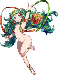 Rule 34 | 1girl, anklet, armband, armpits, barefoot, bauble, box, braid, christmas, christmas ornaments, christmas present, closed mouth, collarbone, eyebrows, feet, female focus, fire emblem, fire emblem: three houses, flat chest, full body, fur trim, gift, gift box, green eyes, green hair, green ribbon, hair ornament, jewelry, leg lift, long pointy ears, looking at viewer, navel, nintendo, nipples, nude, outstretched arms, outstretched hand, pointy ears, red ribbon, ribbon, shiny skin, simple background, smile, solo, sothis (fire emblem), spread arms, star (symbol), star hair ornament, striped ribbon, tassel, toenails, toes, twin braids, twintails, two side up, white background, yellow ribbon