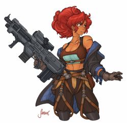 Rule 34 | 1girl, battle rifle, big hair, borrowed character, breasts, brown gloves, bullpup, cleavage, commentary, cropped legs, dark-skinned female, dark skin, english commentary, finger on trigger, gloves, grenade launcher, gun, harness, holding, holding gun, holding weapon, large breasts, maria (space maria), modular weapon system, multiple-barrel firearm, off-shoulder jacket, off shoulder, pants, red eyes, red hair, rifle, scar, science fiction, scope, shardanic, shardanic art, signature, solo, space maria, sports bra, standing, suspenders hanging, toned, transforming weapon, under-barrel configuration, underbarrel battle rifle, underbarrel rifle, weapon, white background