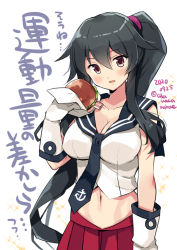 Rule 34 | 1girl, black hair, black sailor collar, blush, breasts, burger, cleavage, collarbone, dated, food, gloves, grey eyes, hair between eyes, holding, holding food, kantai collection, large breasts, long hair, odawara hakone, one-hour drawing challenge, open mouth, pleated skirt, ponytail, red skirt, sailor collar, simple background, skirt, sleeveless, smile, solo, sparkle, twitter username, white background, white gloves, yahagi (kancolle)