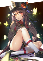 Rule 34 | 1girl, black coat, black footwear, black hat, black shorts, blush, breasts, brown hair, bug, butterfly, coat, coattails, flower, genshin impact, hat, hat flower, highres, hu tao (genshin impact), insect, knee up, kneehighs, legs, long hair, long sleeves, looking at viewer, plum blossoms, red eyes, renka (renkas), shorts, sitting, small breasts, smile, socks, solo, symbol-shaped pupils, tongue, tongue out, twintails, very long hair, white socks