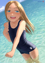 Rule 34 | 1girl, bare arms, bare shoulders, beach, blonde hair, blue eyes, blush, body freckles, cloud, collarbone, flat chest, freckles, highres, long hair, looking at viewer, mu-pyon, ocean, old school swimsuit, original, outdoors, parted bangs, partially submerged, school swimsuit, sky, smile, solo, swimsuit, tan, tanline, teeth, twitter username, upper teeth only, wading, water, wet