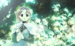 Rule 34 | 1girl, black eyes, blurry, bokeh, capelet, depth of field, glowing, green theme, own hands clasped, ikeda jun (mizutamari), long sleeves, looking up, nature, original, own hands together, parted lips, shawl, short hair, solo