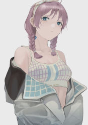 Rule 34 | 1girl, arknights, blue eyes, blue poison (arknights), blue poison (shoal beat) (arknights), bow hairband, braid, character name, closed mouth, collarbone, commentary, expressionless, grey background, grey jacket, hairband, highres, jacket, long hair, long sleeves, looking at viewer, mk taso, off shoulder, official alternate costume, pink hair, pink sports bra, simple background, solo, sports bra, twin braids, upper body, white hairband, white sports bra