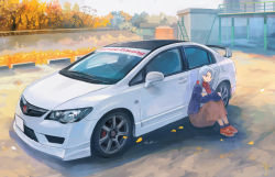 Rule 34 | 1girl, car, crossed arms, highres, honda, honda civic, honda civic type r, looking to the side, momo hiki, motor vehicle, on ground, original, personification, red eyes, red scarf, scarf, sitting, spoiler (automobile), vehicle focus, white hair