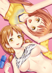 Rule 34 | 10s, 2girls, :d, areola slip, armpits, arms up, blush, breasts, brown eyes, brown hair, camisole, clothes lift, idolmaster, idolmaster cinderella girls, jewelry, katagiri sanae, kisugi akira, large breasts, long hair, looking at viewer, medium breasts, multiple girls, navel, necklace, open mouth, pink background, ponytail, shirt lift, smile, sweat, twintails, underboob, upper body, wakabayashi tomoka