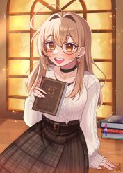 Rule 34 | 1girl, :d, absurdres, ahoge, berry, black choker, book, brown eyes, brown hair, brown skirt, choker, crossed bangs, earrings, fanbook, food-themed earrings, glasses, highres, holding, holding book, hololive, hololive english, indoors, jewelry, kat pear, light particles, long hair, long skirt, looking at viewer, multicolored hair, nanashi mumei, nanashi mumei (casual), necklace, official alternate costume, open mouth, plaid, plaid skirt, pleated skirt, red shirt, round eyewear, shirt, skirt, sleeves past wrists, smile, streaked hair, sweater, teeth, upper teeth only, very long hair, virtual youtuber, white sweater, window