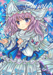 Rule 34 | 1girl, blue background, blue brooch, blue eyes, blue ribbon, blue vest, blush, breasts, brooch, closed mouth, cowboy shot, frilled hairband, frills, hair ribbon, hairband, hand on own chest, hat, head tilt, jewelry, layered clothes, layered skirt, letty whiterock, marker (medium), medium hair, mob cap, outstretched arm, outstretched hand, purple hair, ribbon, rui (sugar3), sample watermark, scarf, shirt, skirt, small breasts, smile, solo, touhou, traditional media, vest, watermark, white headwear, white scarf, white shirt, white skirt