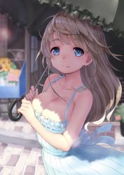 Rule 34 | 1girl, absurdres, bare arms, bare shoulders, black umbrella, blue eyes, blurry, blurry background, blush, breasts, brown hair, cleavage, closed mouth, collarbone, commentary request, day, depth of field, dress, fingernails, flower, highres, holding, holding umbrella, large breasts, long hair, looking at viewer, no bra, original, outdoors, rin2008, sleeveless, sleeveless dress, smile, solo, sunflower, thick eyebrows, umbrella, very long hair, white dress, yellow flower